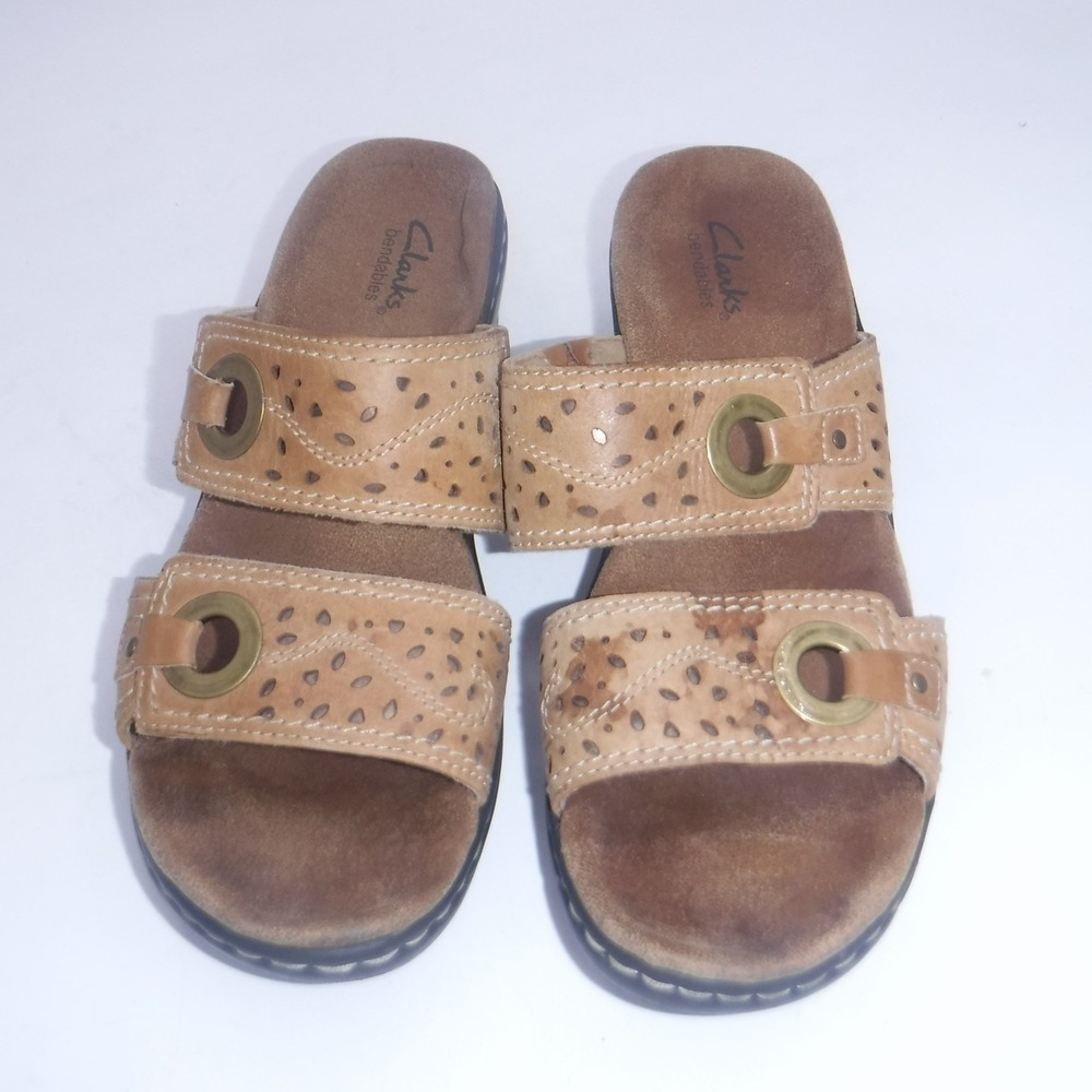 Clarks Bendables Tan Leather Laser Cut Slide Sandals Women 9M 65750